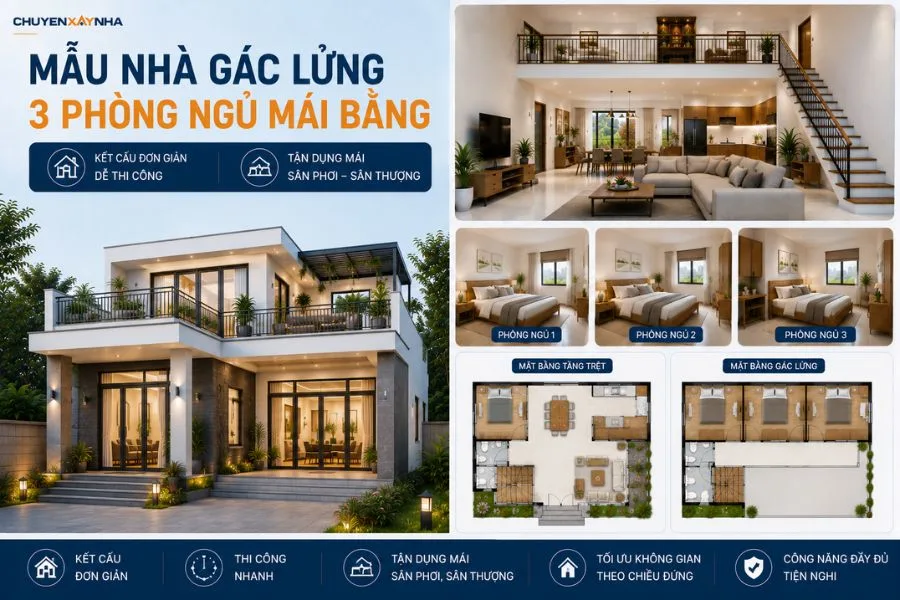 Mẫu nhà gác lửng 3 phòng ngủ mái bằng