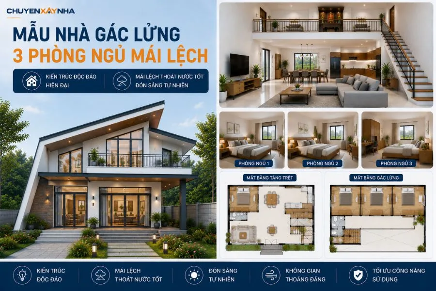 Mẫu nhà gác lửng 3 phòng ngủ mái lệch