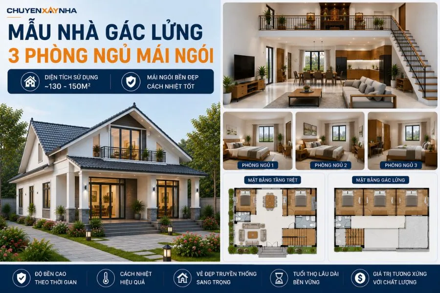 Mẫu nhà gác lửng 3 phòng ngủ mái ngói