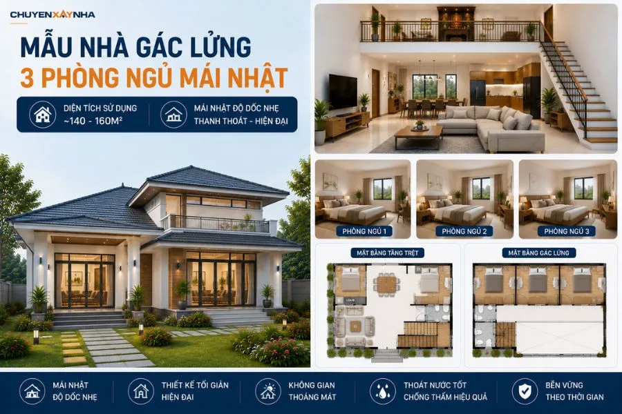 Mẫu nhà gác lửng 3 phòng ngủ mái Nhật
