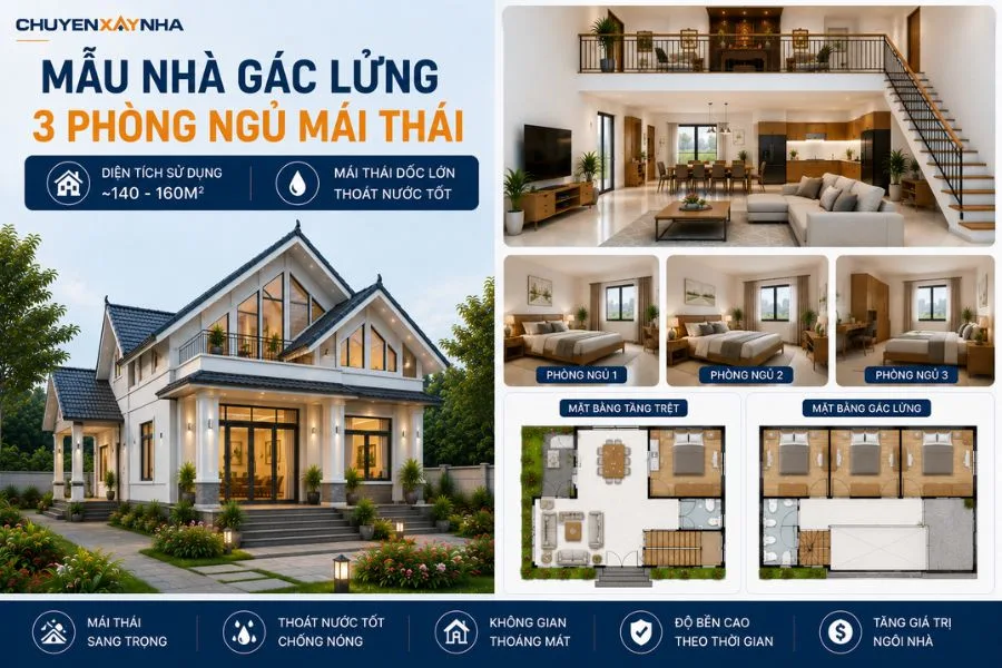 Mẫu nhà gác lửng 3 phòng ngủ mái Thái