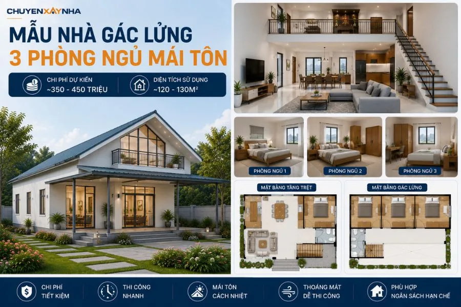 Mẫu nhà gác lửng 3 phòng ngủ mái tôn
