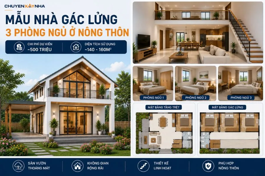 Mẫu nhà gác lửng 3 phòng ngủ ở nông thôn
