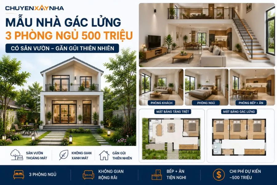 Mẫu nhà gác lửng 3 phòng ngủ 500 triệu có sân vườn