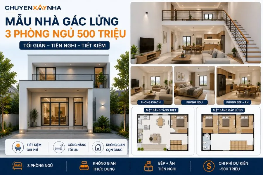 Mẫu nhà gác lửng 3 phòng ngủ 500 triệu tối giản