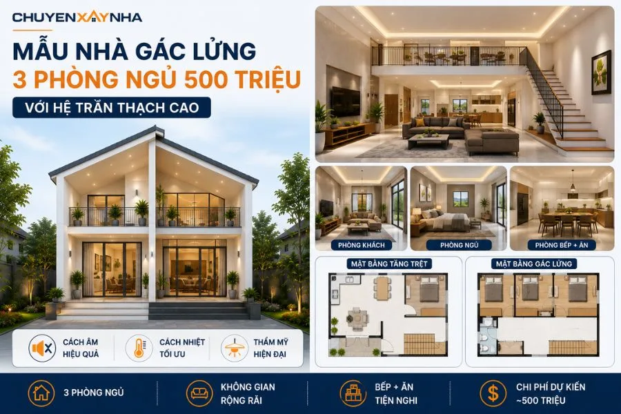 Mẫu nhà gác lửng 3 phòng ngủ 500 triệu với hệ trần thạch cao