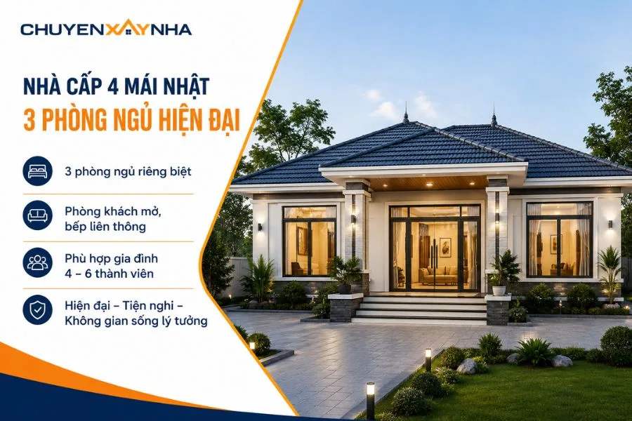Nhà cấp 4 mái Nhật 3 phòng ngủ hiện đại