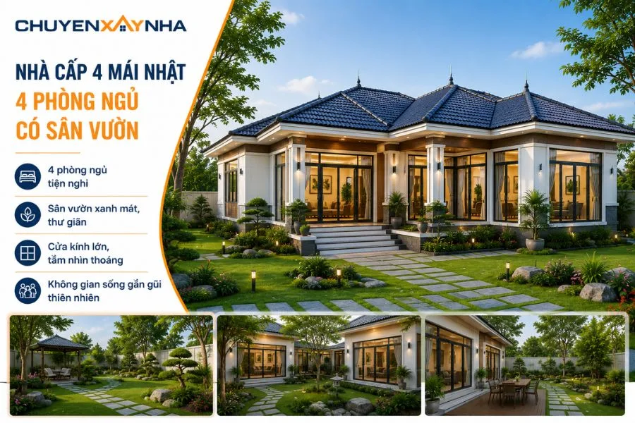 Nhà cấp 4 mái Nhật 4 phòng ngủ có sân vườn