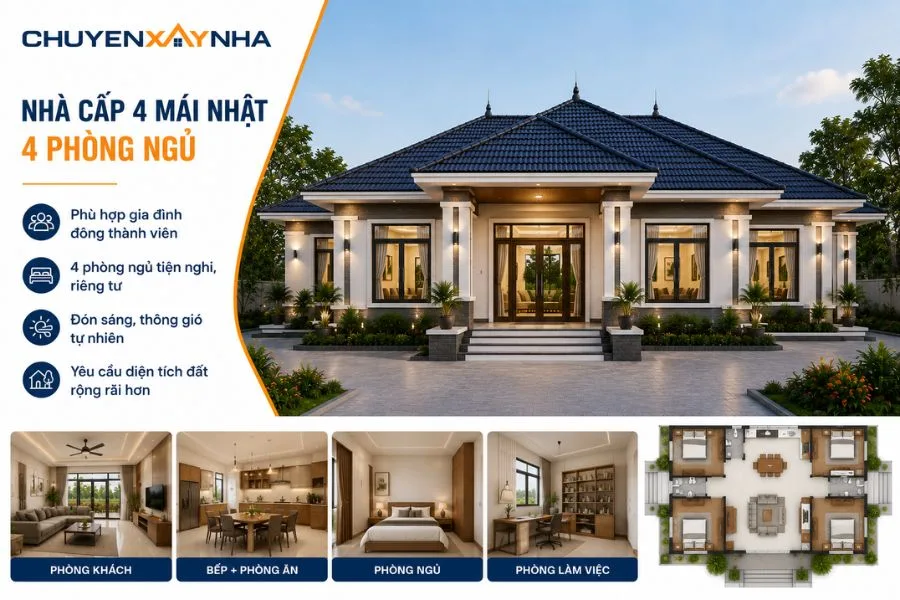 Nhà cấp 4 mái Nhật 4 phòng ngủ