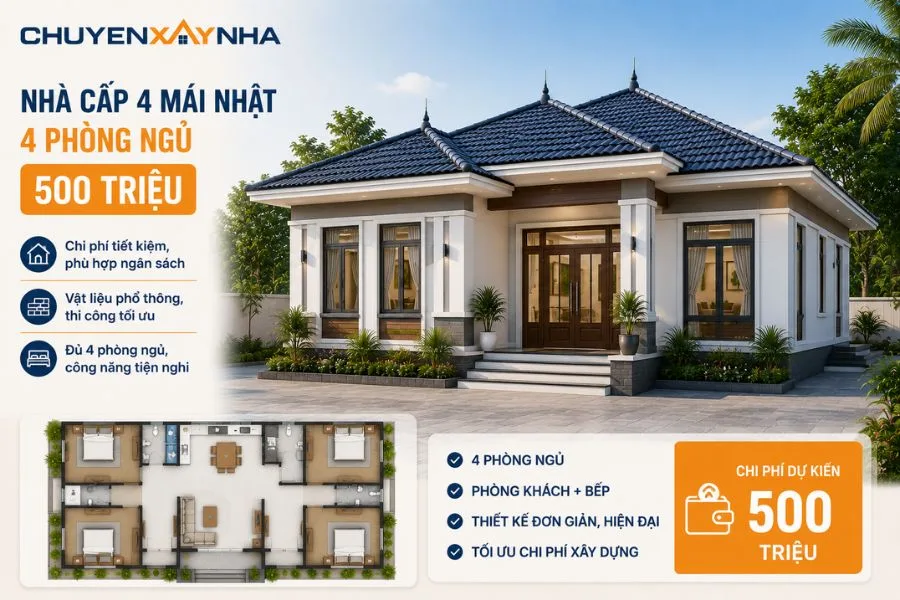 Nhà cấp 4 mái Nhật 4 phòng ngủ 500 triệu