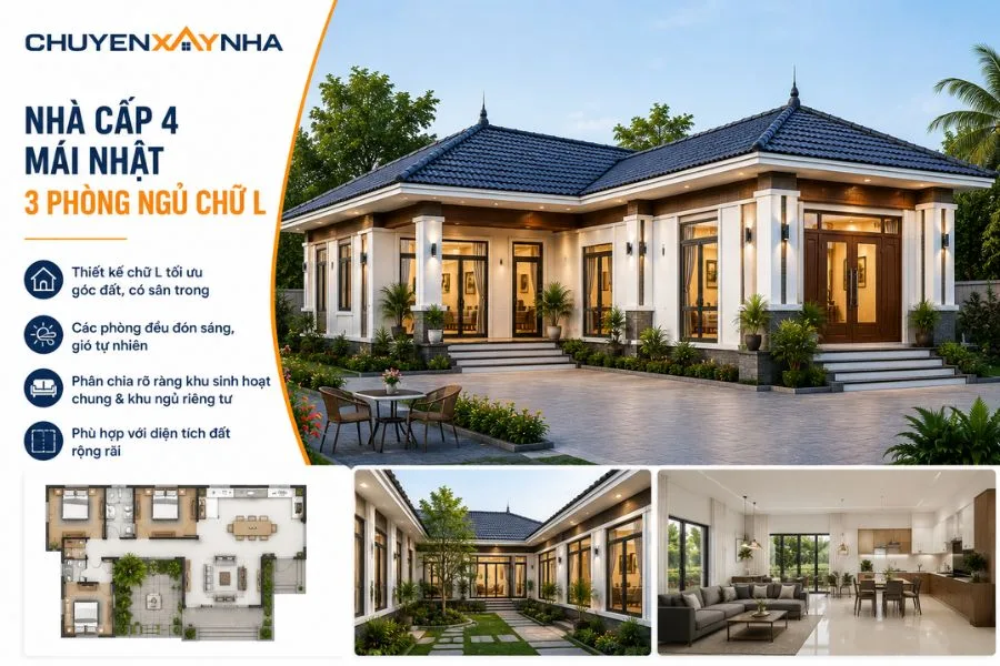 Nhà cấp 4 mái Nhật 3 phòng ngủ chữ L
