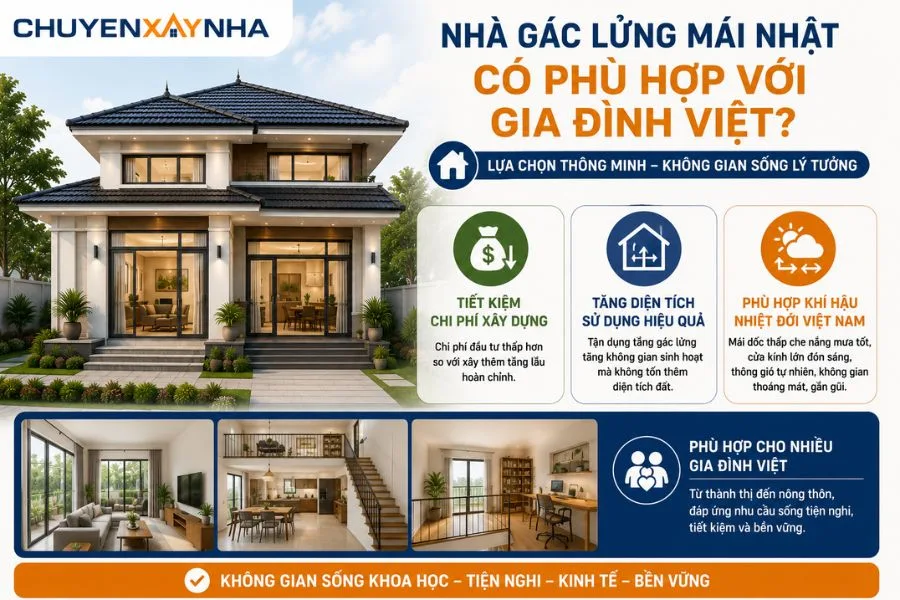 Nhà gác lửng mái Nhật phù hợp với gia đình Việt