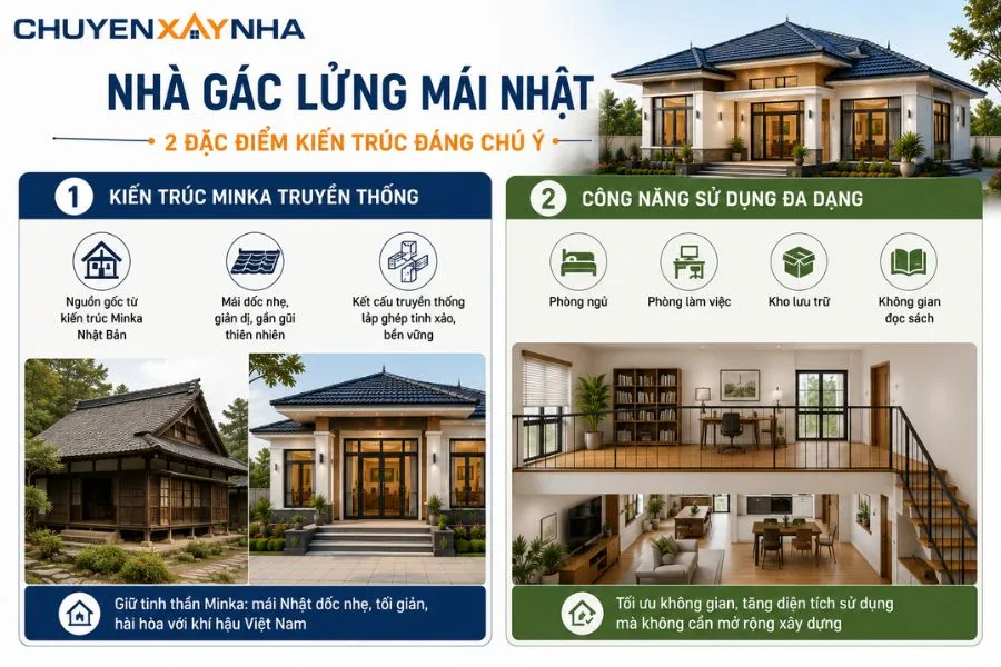 Nhà gác lửng mái Nhật còn có 2 đặc điểm kiến trúc
