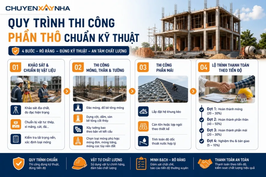 Quy trình thi công phần thô chuẩn kỹ thuật