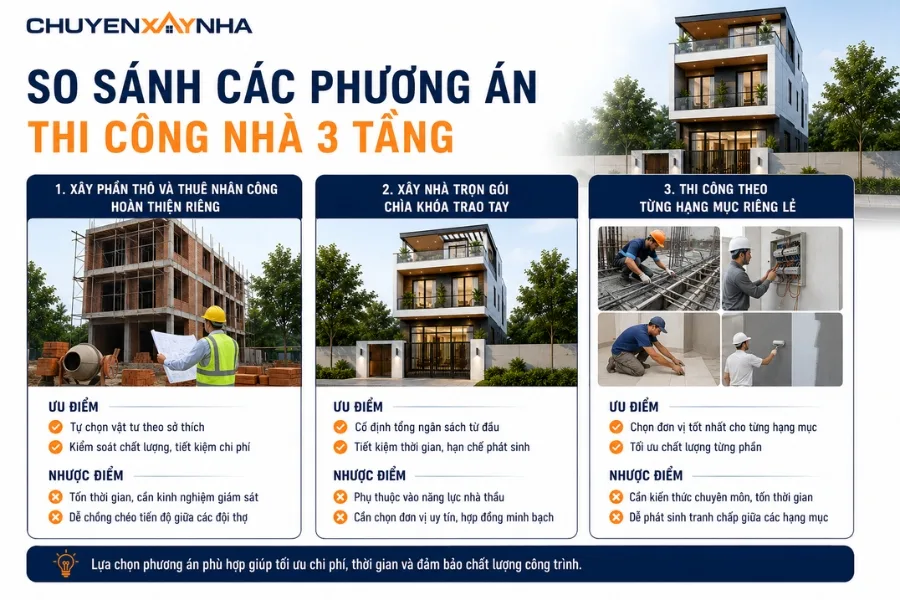 So sánh các phương án thi công nhà 3 tầng