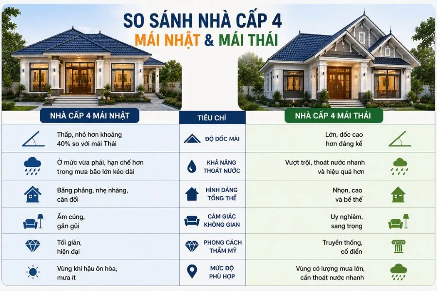 So sánh nhà cấp 4 mái Nhật và nhà mái Thái
