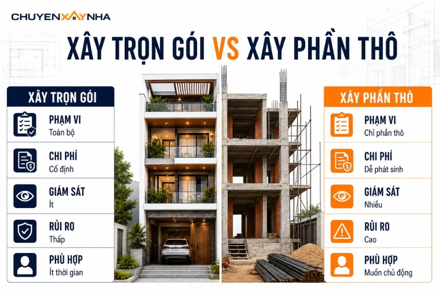 So sánh xây nhà trọn gói và xây phần thô