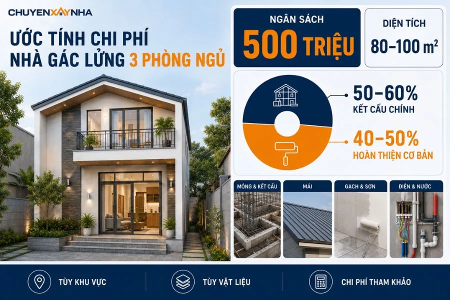 Ước tính chi phí xây nhà gác lửng 3 phòng ngủ 500 triệu