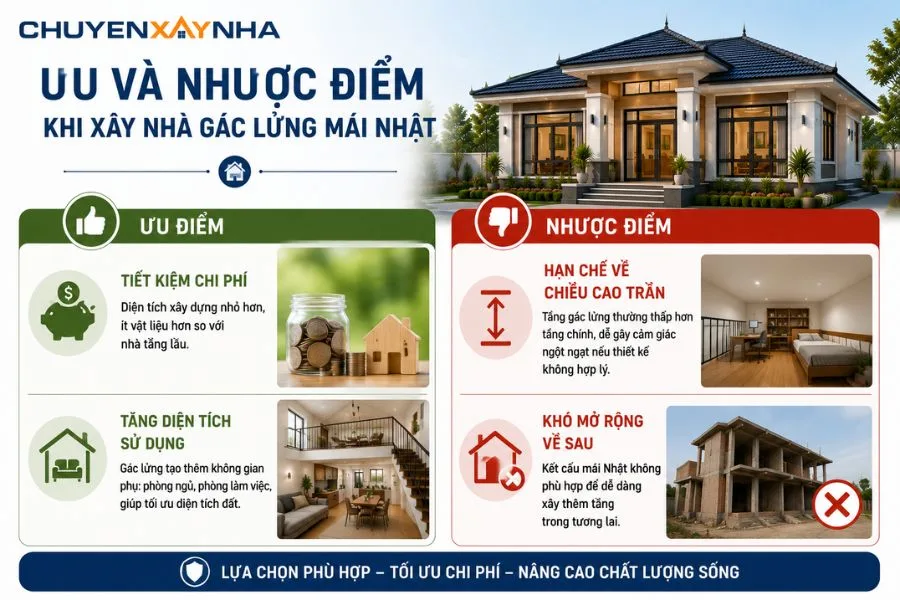 Ưu và nhược điểm khi xây nhà gác lửng mái Nhật