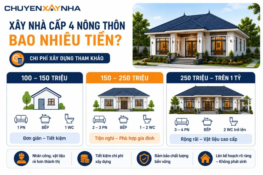 Xây nhà cấp 4 nông thôn hiện nay dao động từ 100 triệu đến hơn 1 tỷ đồng