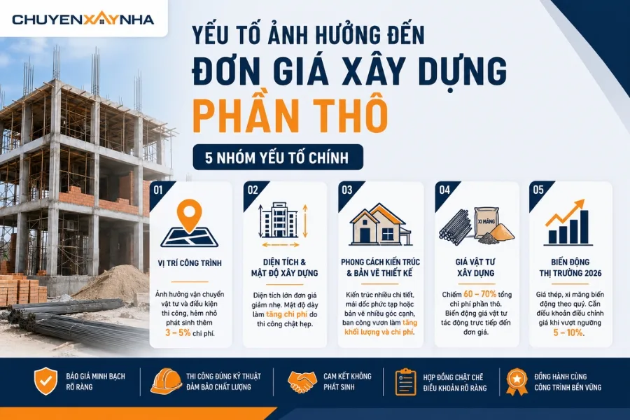 Yếu tố ảnh hưởng đến đơn giá xây dựng phần thô
