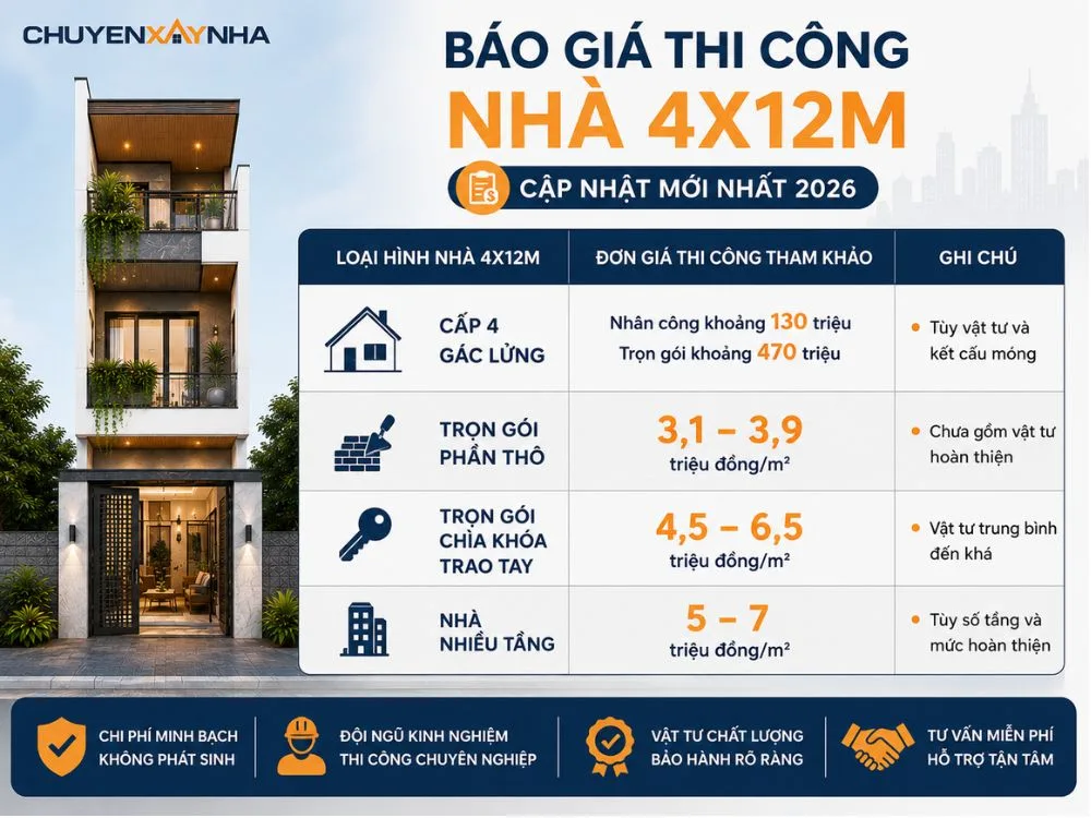 Báo giá thi công nhà 4x12m mới nhất