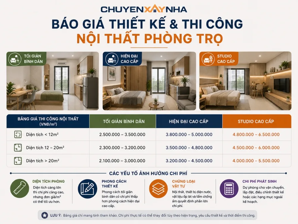 Báo giá thiết kế và thi công nội thất phòng trọ