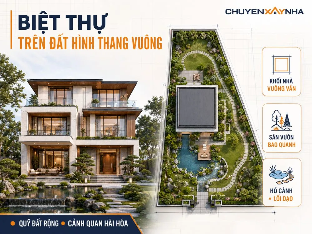 Mẫu biệt thự trên đất hình thang vuông