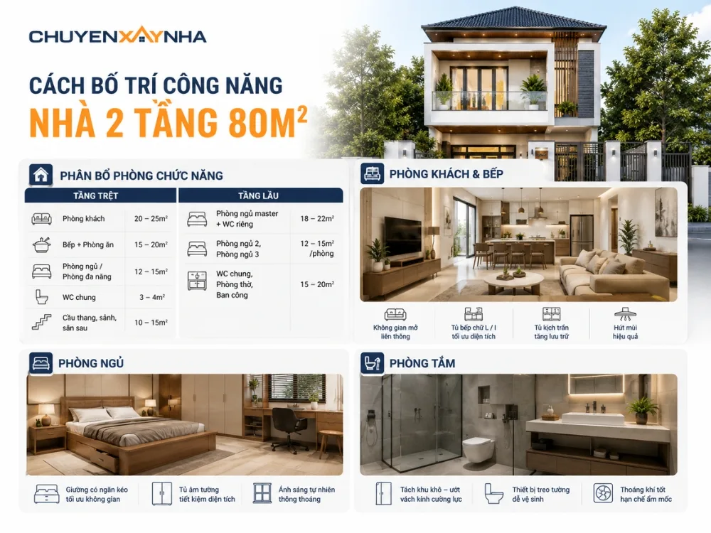 Cách bố trí công năng cho nhà 2 tầng 80m2