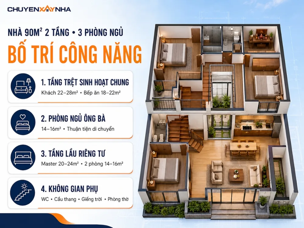 Cách bố trí công năng cho nhà 90m2 2 tầng