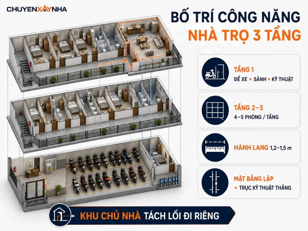 Bố trí mặt bằng công năng cho nhà trọ 3 tầng