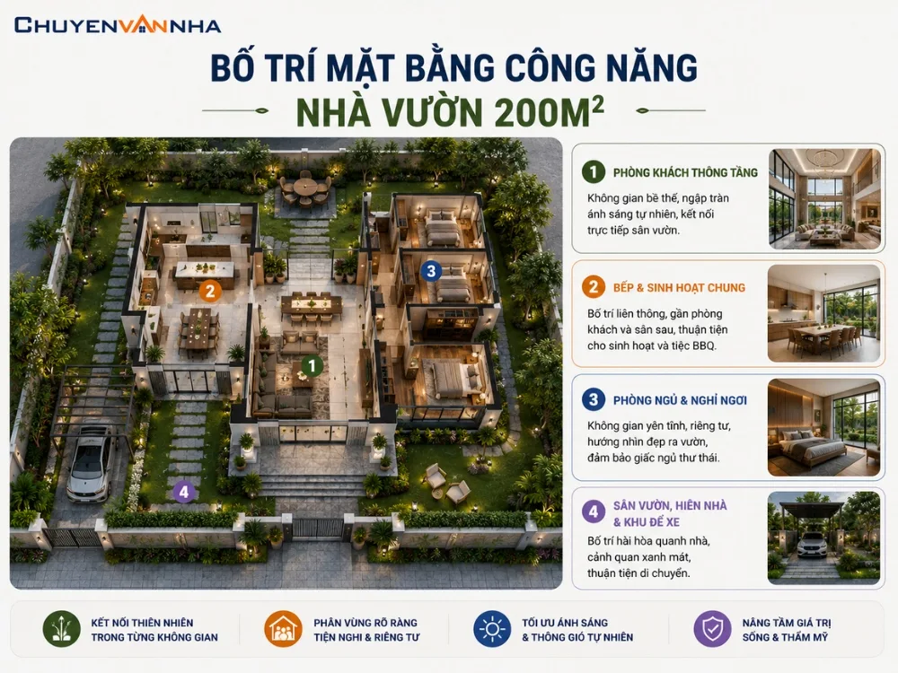 Cách bố trí mặt bằng công năng nhà vườn 200m2