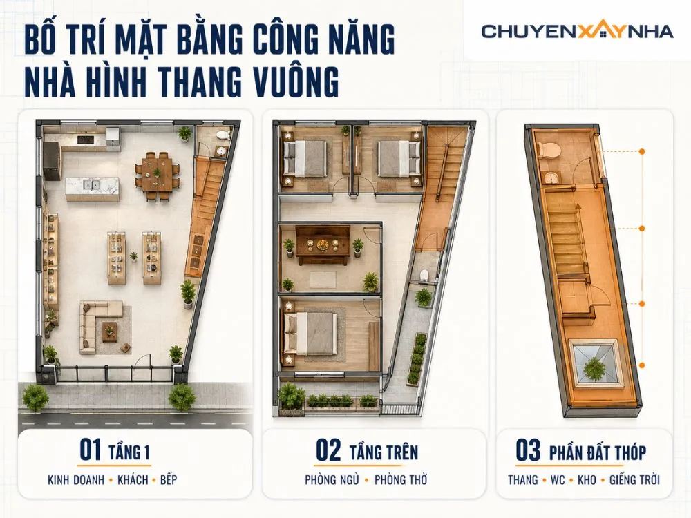 Bố trí mặt bằng công năng nhà hình thang vuông