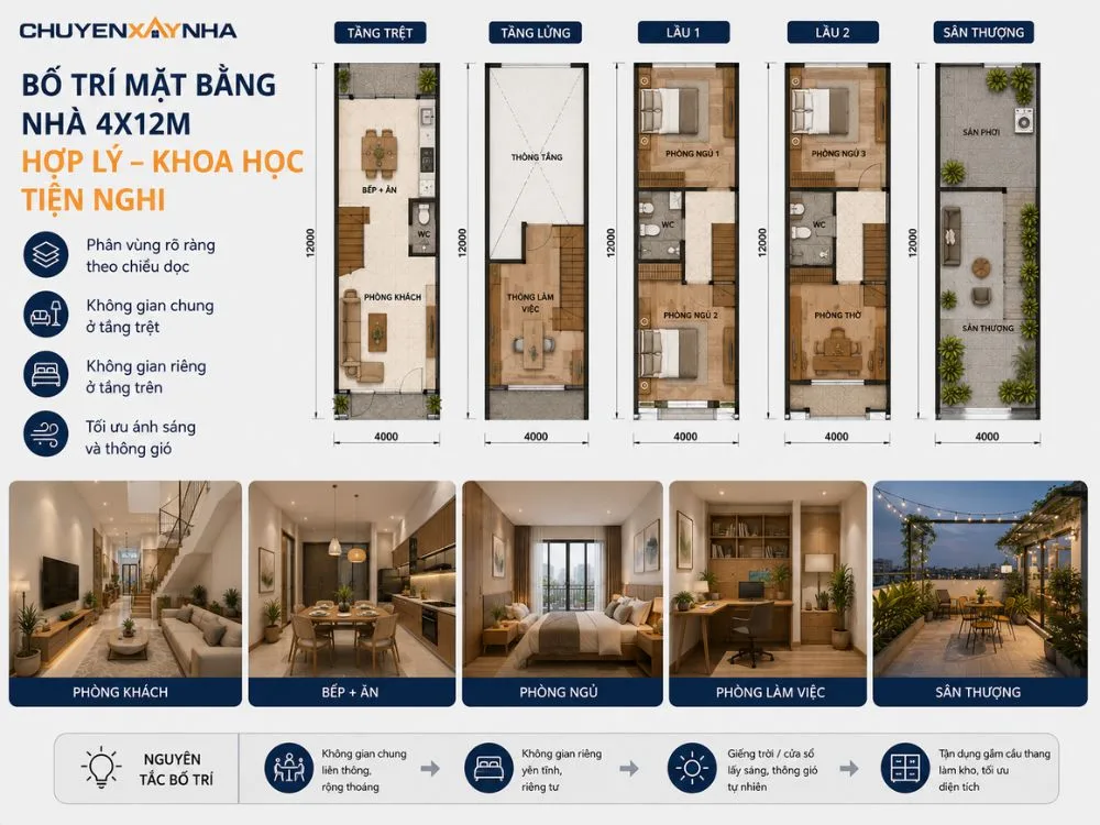 Cách bố trí mặt bằng công năng cho nhà 4x12m hợp lý