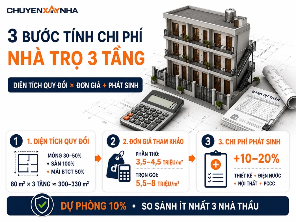 Cách tính chi phí xây nhà trọ 3 tầng