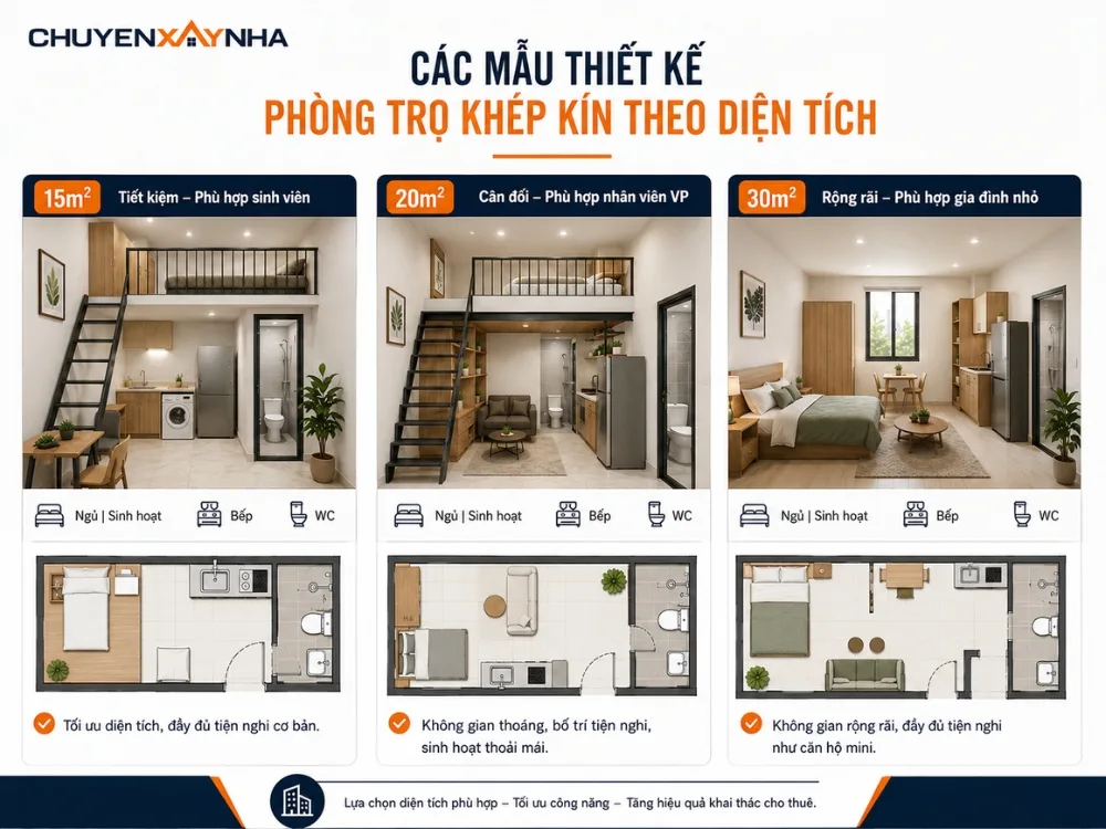 Các mẫu thiết kế phòng trọ khép kín theo diện tích