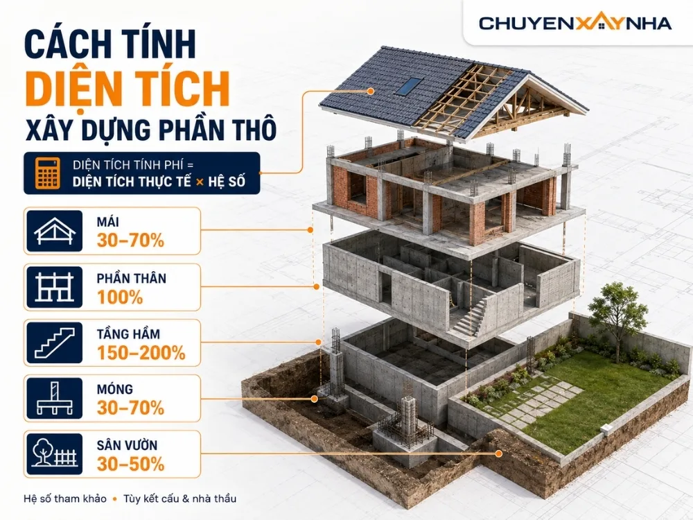 Cách tính diện tích xây dựng phần thô