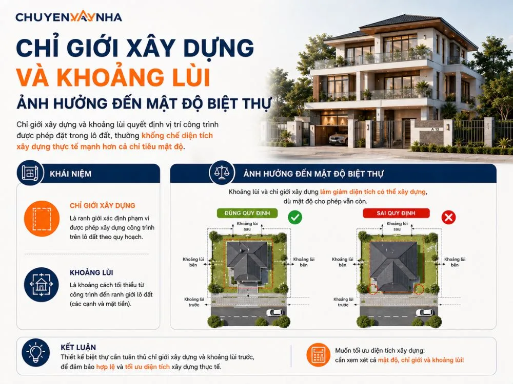 Chỉ giới xây dựng và khoảng lùi ảnh hưởng đến mật độ biệt thự