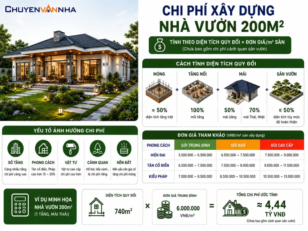 Chi phí xây dựng nhà vườn 200m2