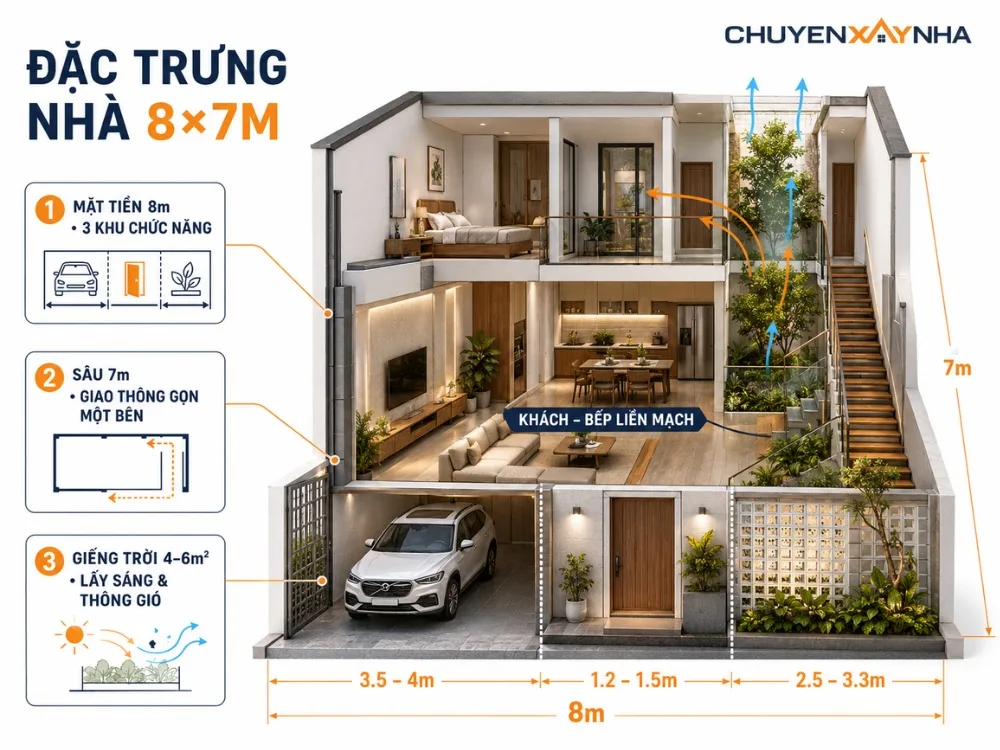 Đặc trưng thiết kế của nhà mặt tiền 8m sâu 7m