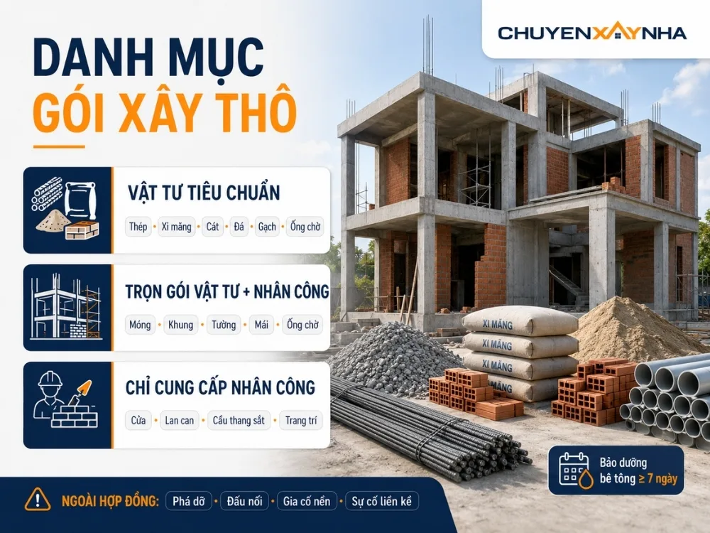 Danh mục vật tư và hạng mục trong gói xây thô