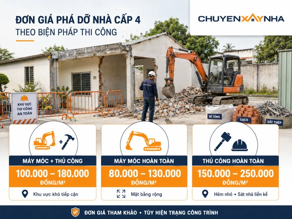 Bảng đơn giá phá dỡ nhà cấp 4 theo biện pháp thi công
