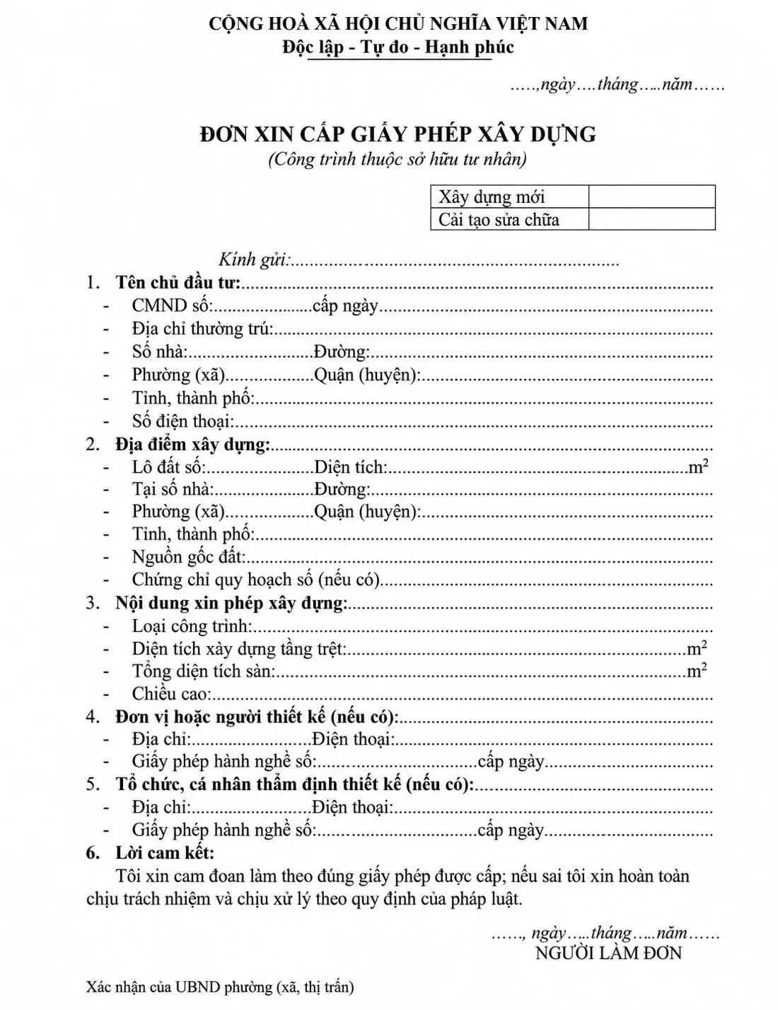 Mẫu đơn xin cấp giấy phép xây dựng nhà xưởng mới nhất