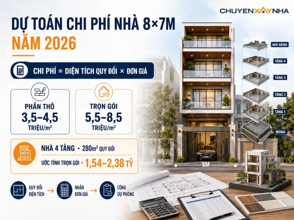 Dự toán chi phí xây nhà mặt tiền 8m sâu 7m năm 2026