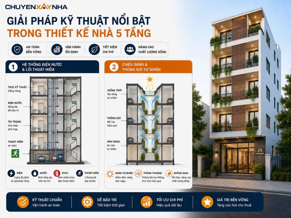 Giải pháp kỹ thuật nổi bật trong thiết kế nhà 5 tầng