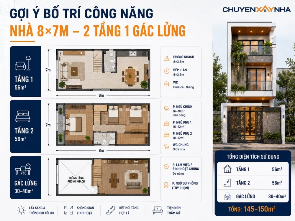 Gợi ý bố trí công năng nhà 8x7m 2 tầng 1 gác lửng