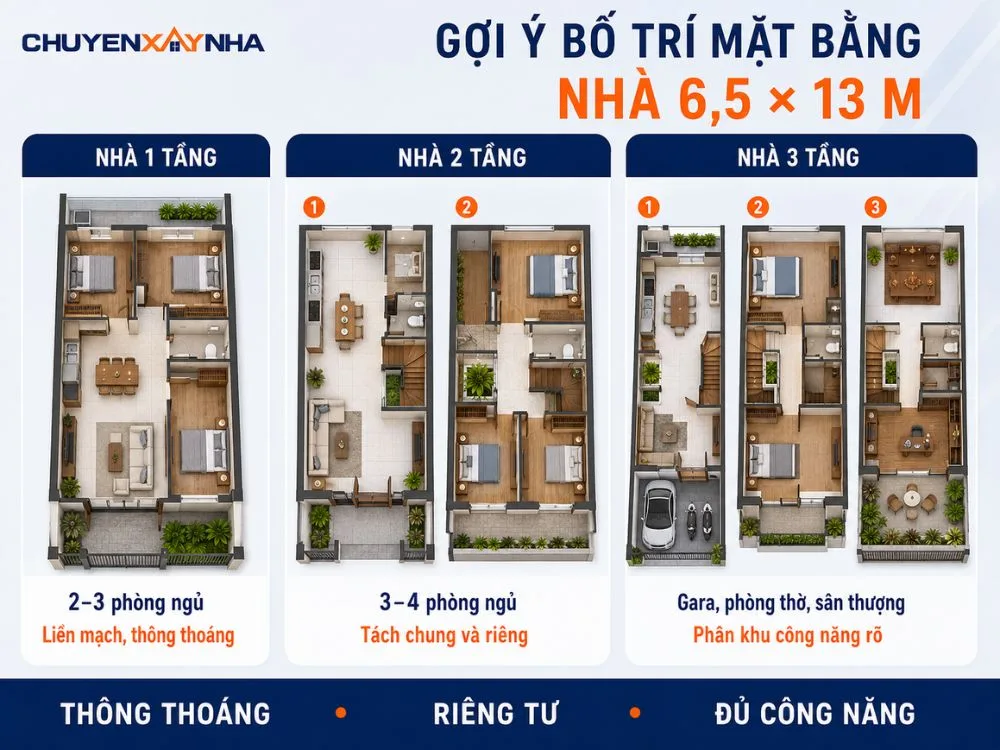 Gợi ý bố trí mặt bằng nhà 6.5x13m