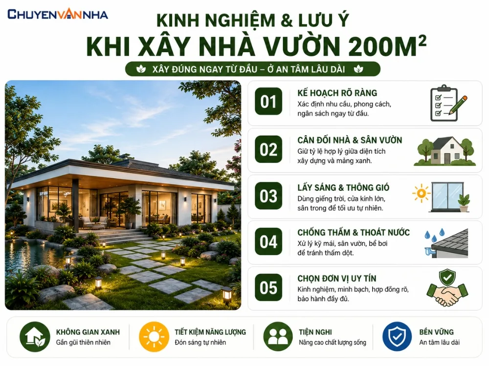 Kinh nghiệm và lưu ý khi xây nhà vườn 200m2