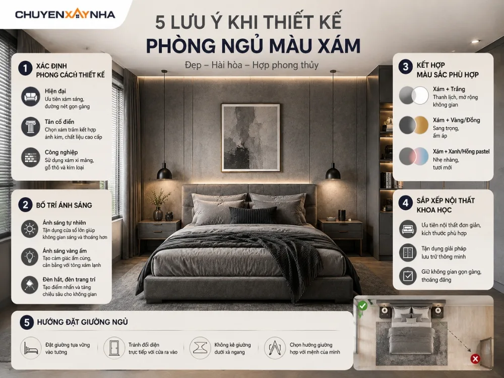 Lưu ý khi thiết kế phòng ngủ màu xám