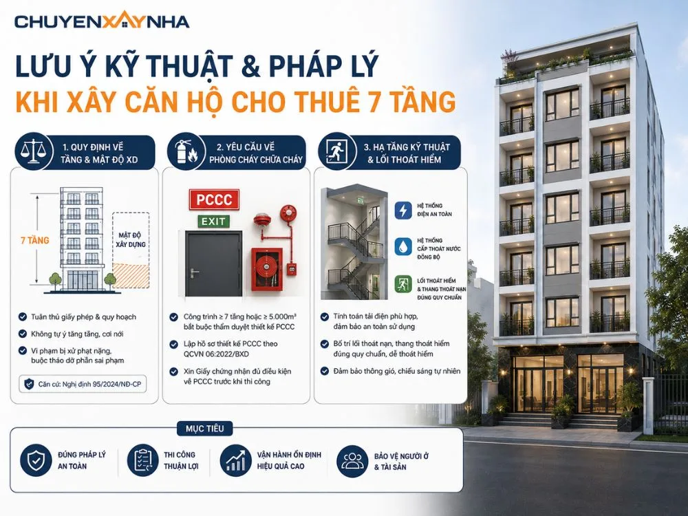 Lưu ý kỹ thuật và pháp lý khi xây căn hộ cho thuê 7 tầng